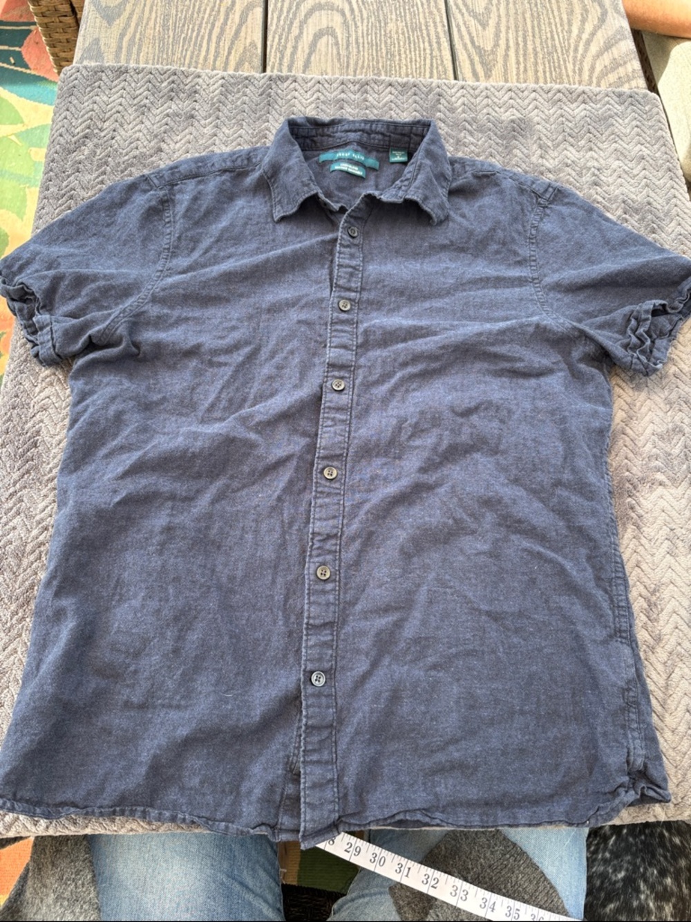 Perry Ellis Linen Blend Indigo Short-Sleeve Button-Down Shirt